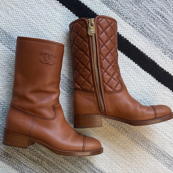 CHANEL Shoes - Chanel CC Quilted Leather Mid Calf Caramel Brown Boots 37.5